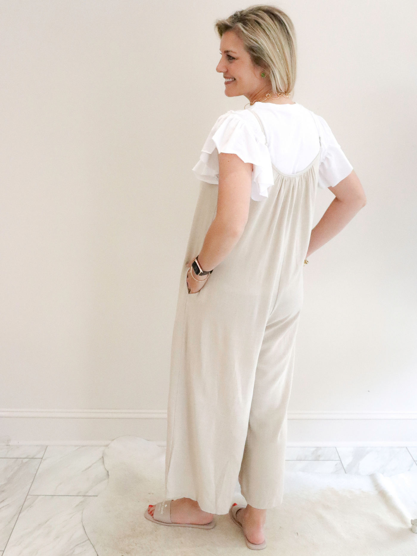 Wasabi+Mint Linen Wide Leg Jumpsuit back view.