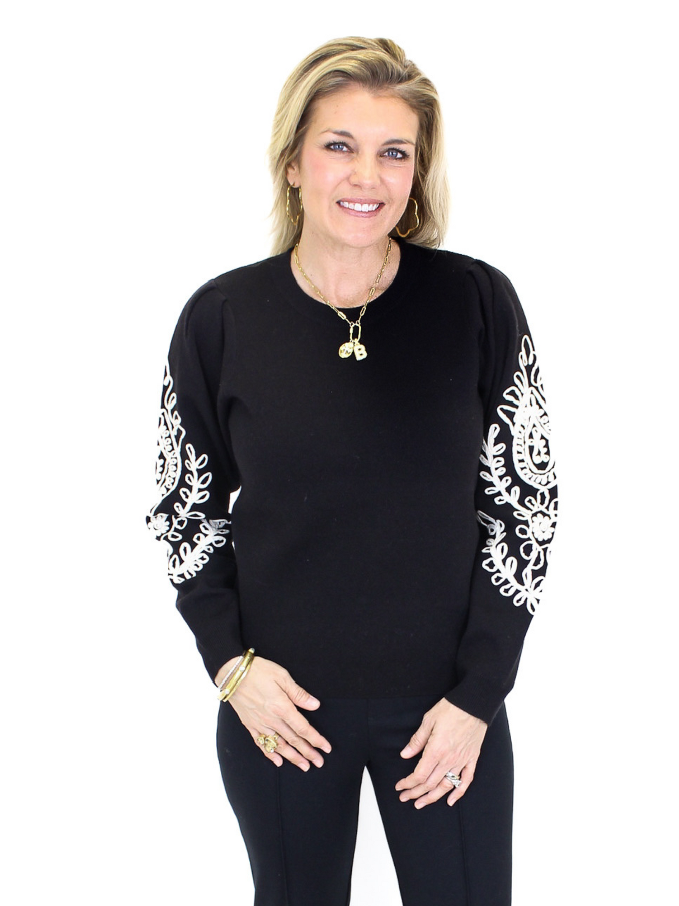 Embroidered Sleeve Soft Knit Sweater - Black front view.