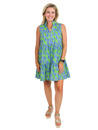 THML Sleeveless Ikat Print Dress - Green/Blue front view.