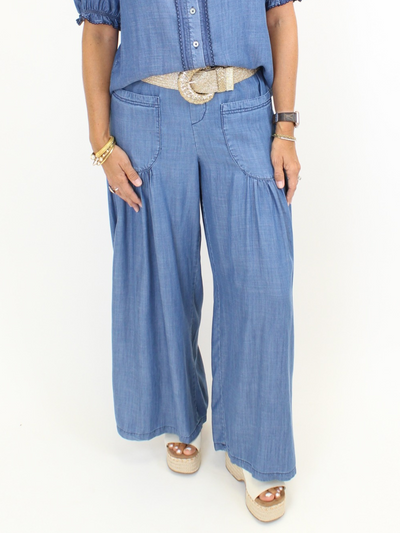 Chambray Palazzo Pants - Blue upclose front view.