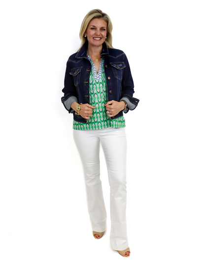 Joy Joy Swirl Flutter Sleeve Blouse with a jean jacket.