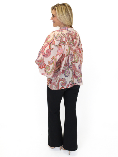 Paisley Bubble Sleeve Blouse - Coral back view.