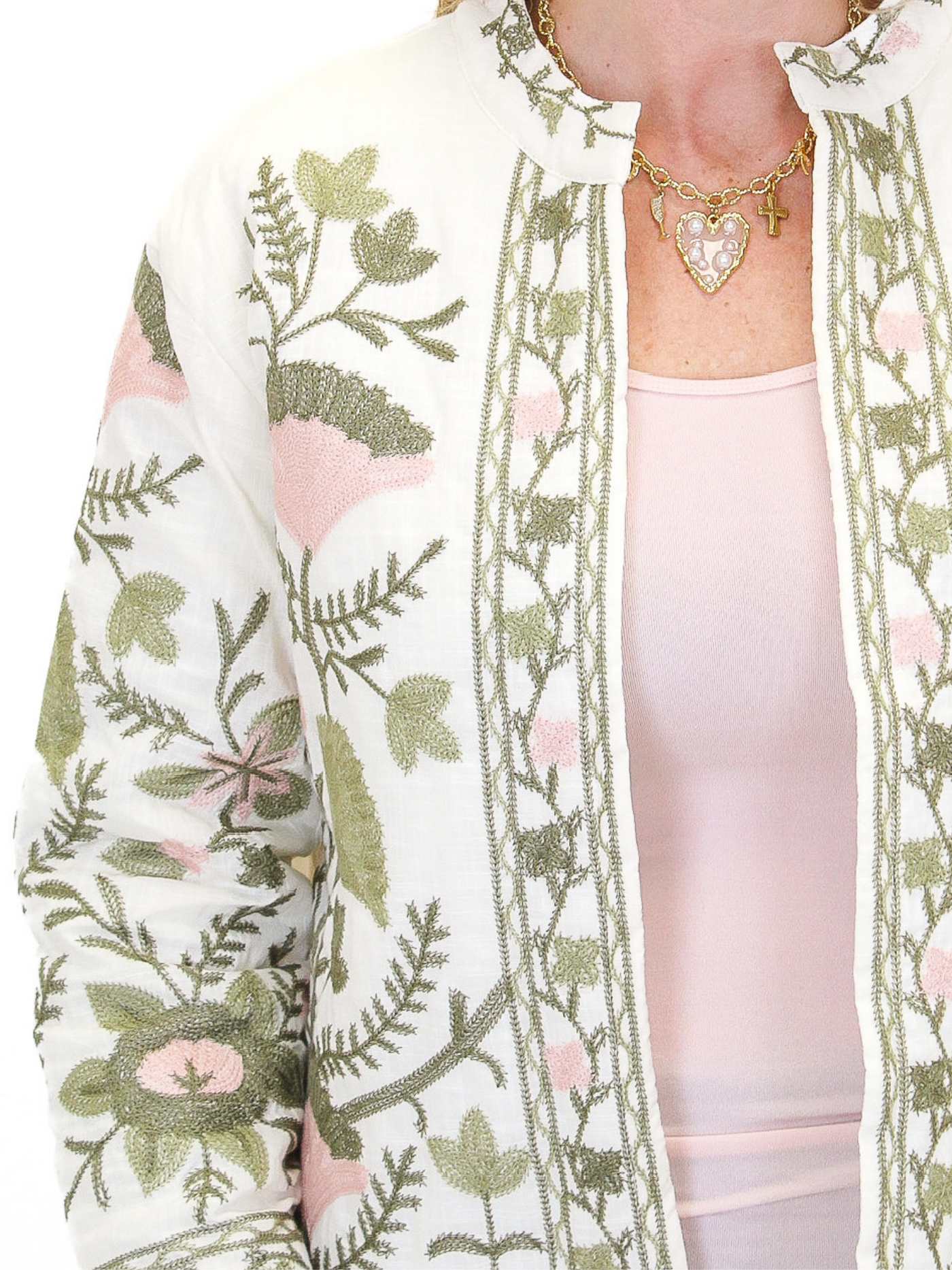 Floral Embroidered Cotton Quilt Jacket - Cream up close view of print.