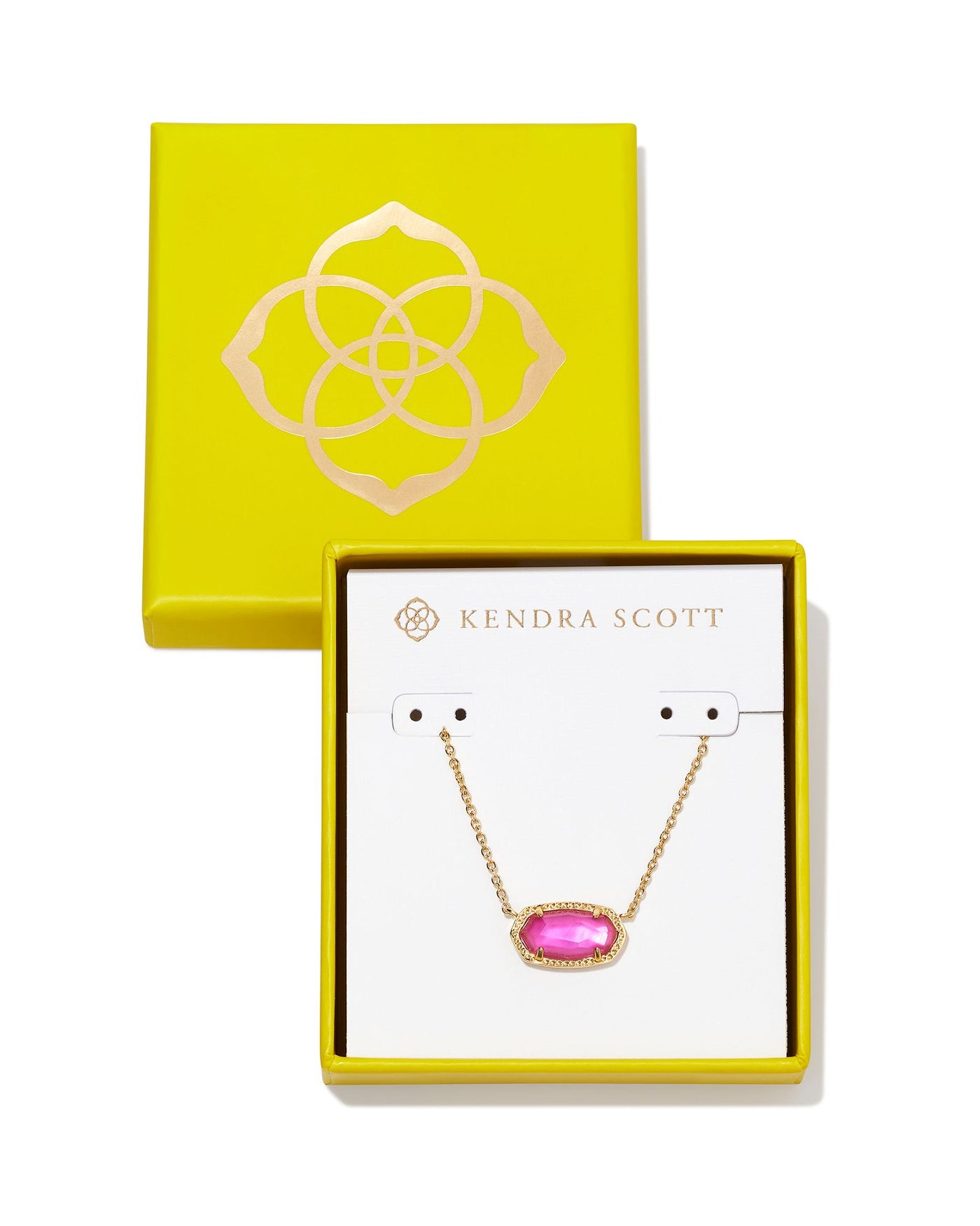 Kendra Scott Boxed Elisa Pendant Necklace Gold Azalea Illusion on white background.