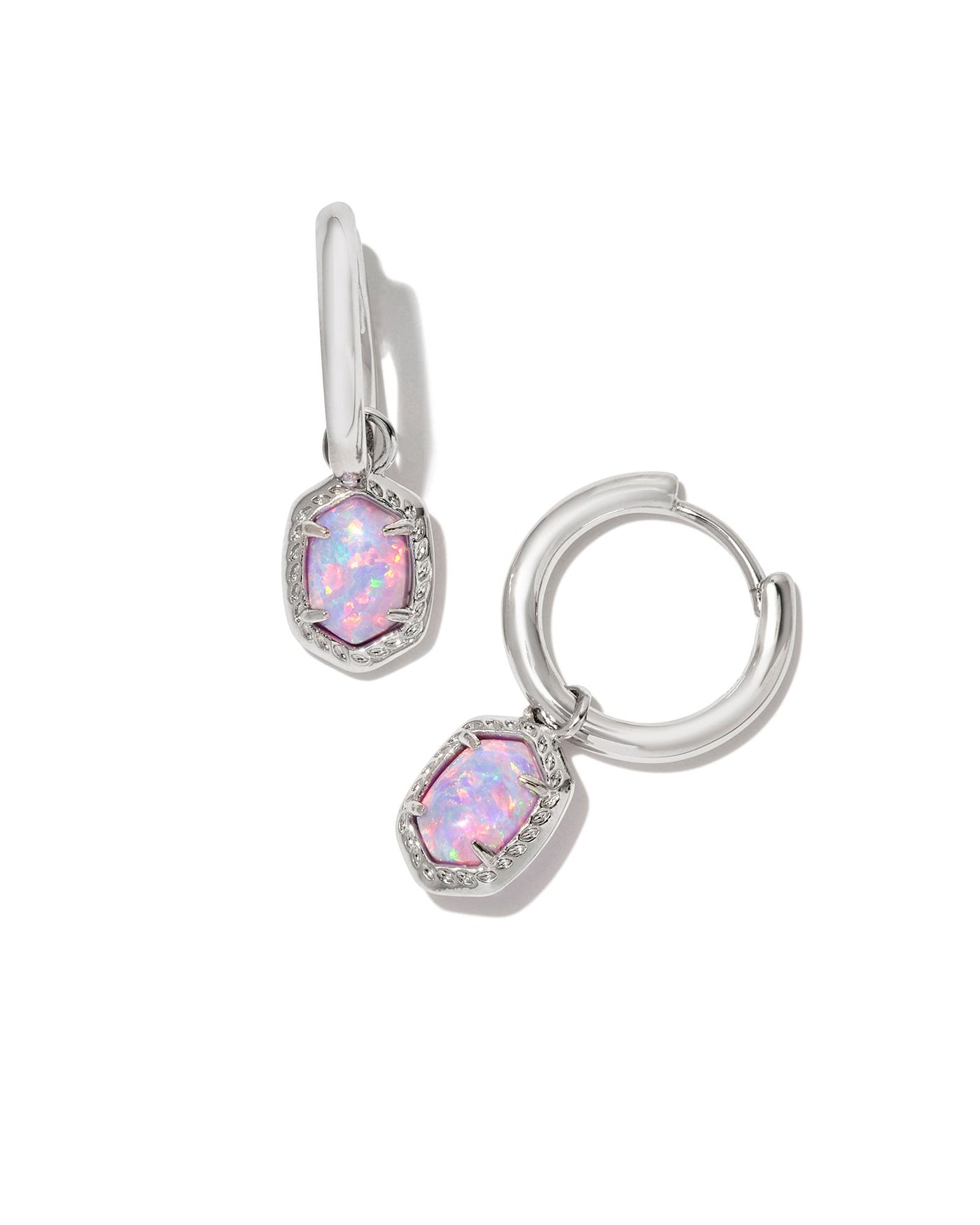 Kendra Scott Daphne Framed Huggie Earrings in Silver Lilac Kyocera Opal on white background.