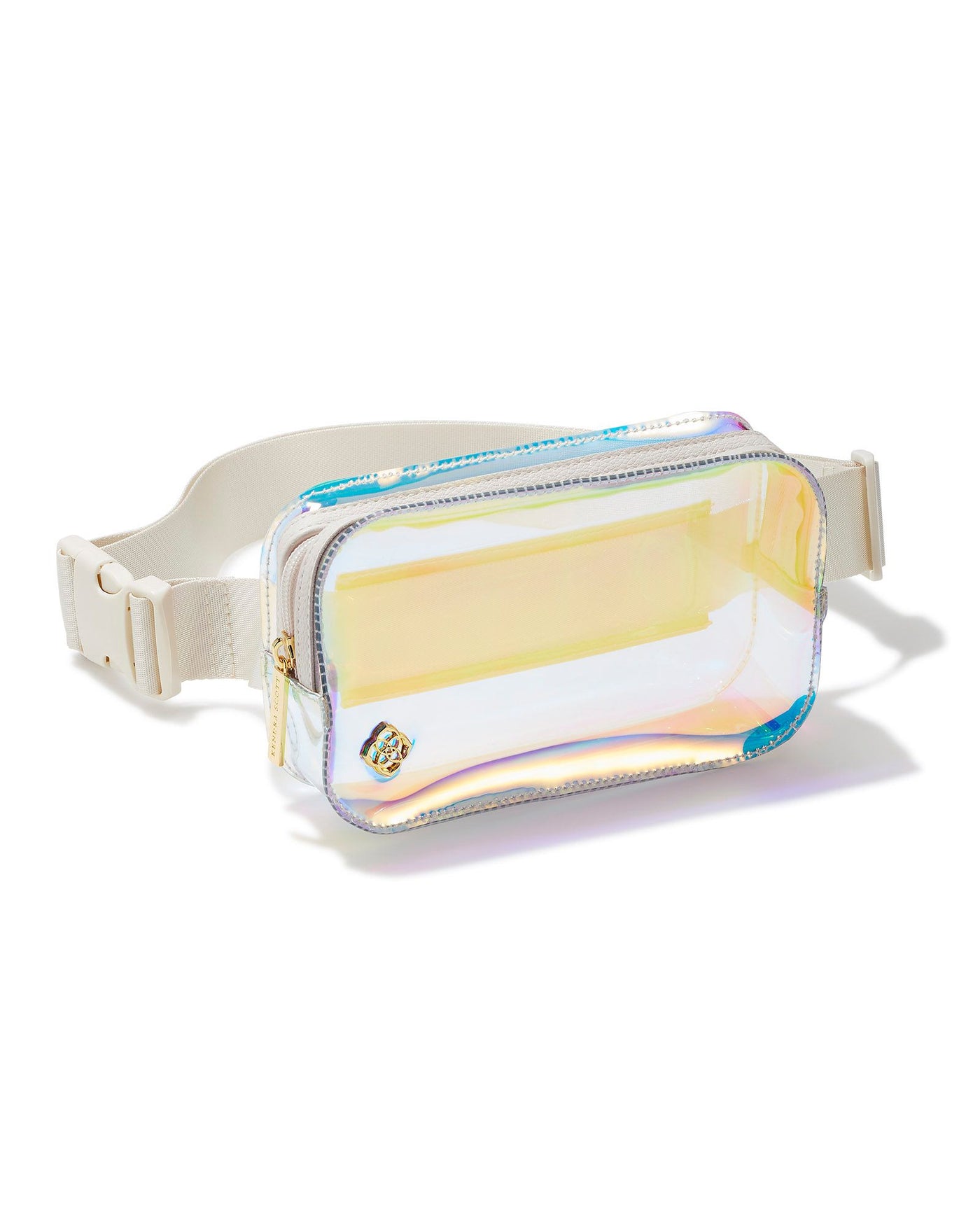 Kendra Scott Clear Iridescent Belt Bag on white background.