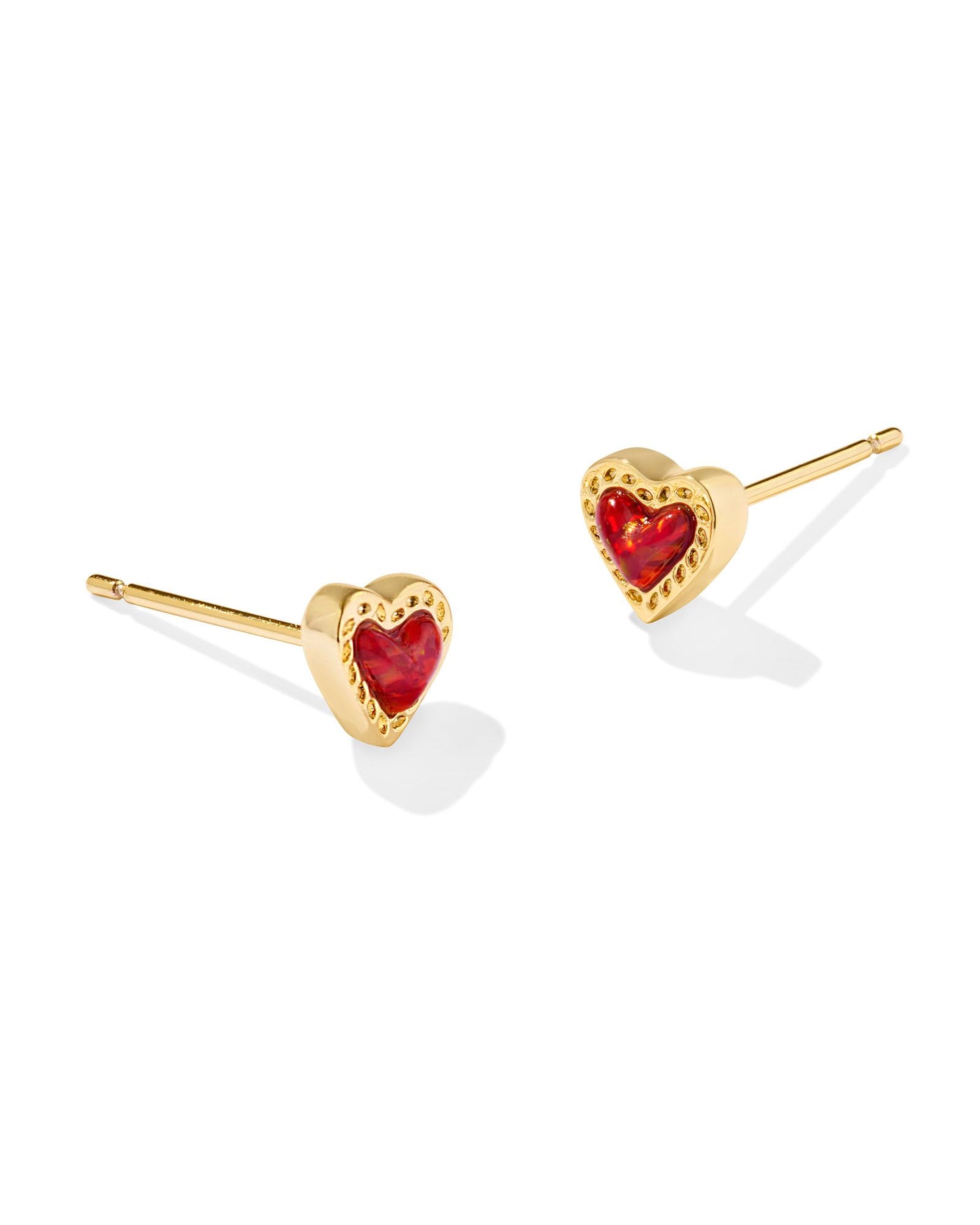 Gold studs with red kyocera opal heart pendant, front view.