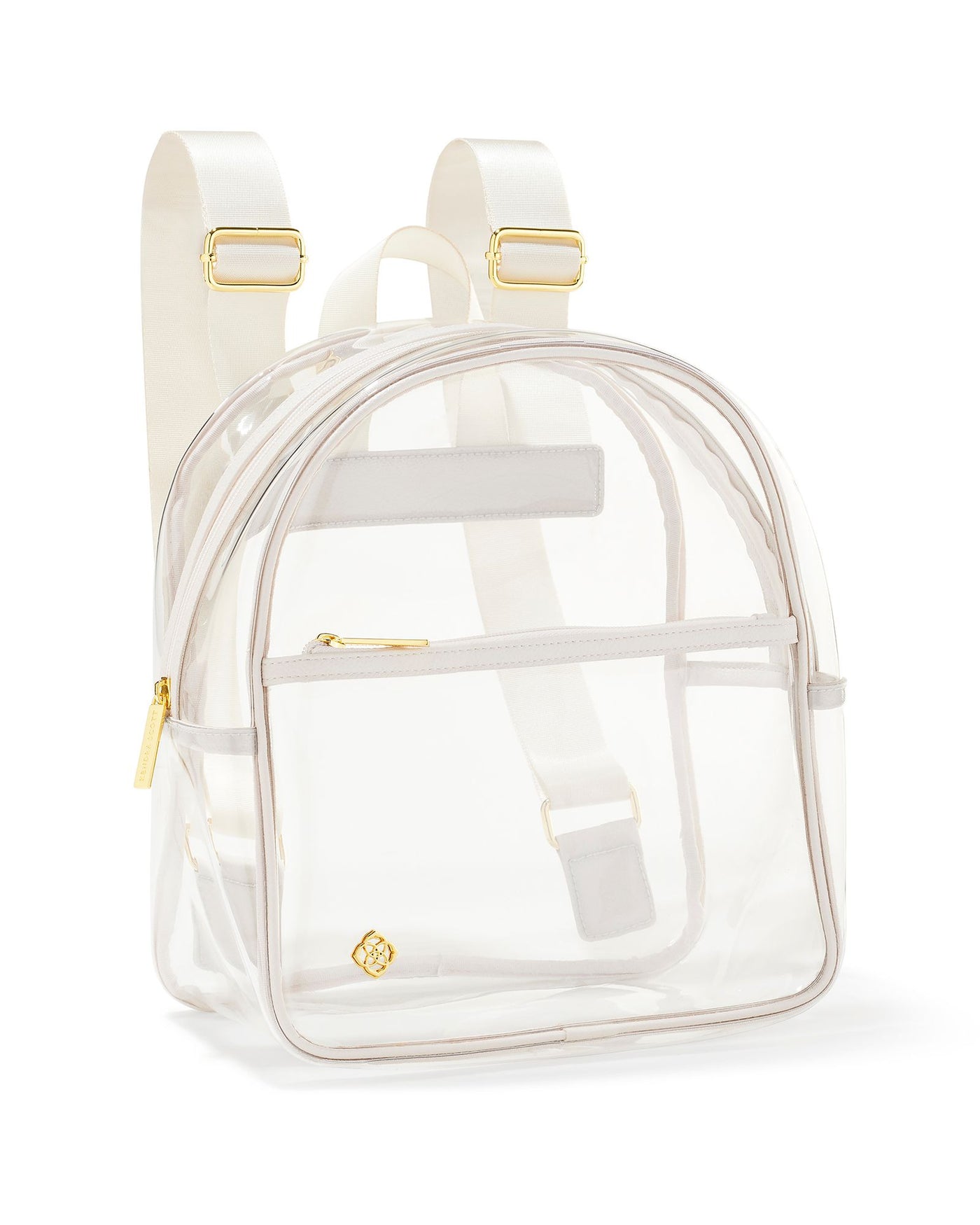 Front view of Kendra Scott clear backpack with gold hardware.