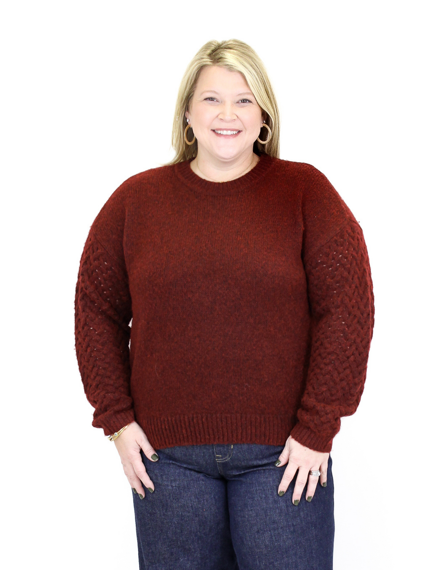 Charlie B Fishnet Sleeve Plush Sweater - Cabernet front view.