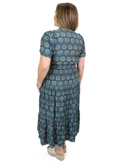 THML Ornate Print Tiered Maxi Dress - Green back view.