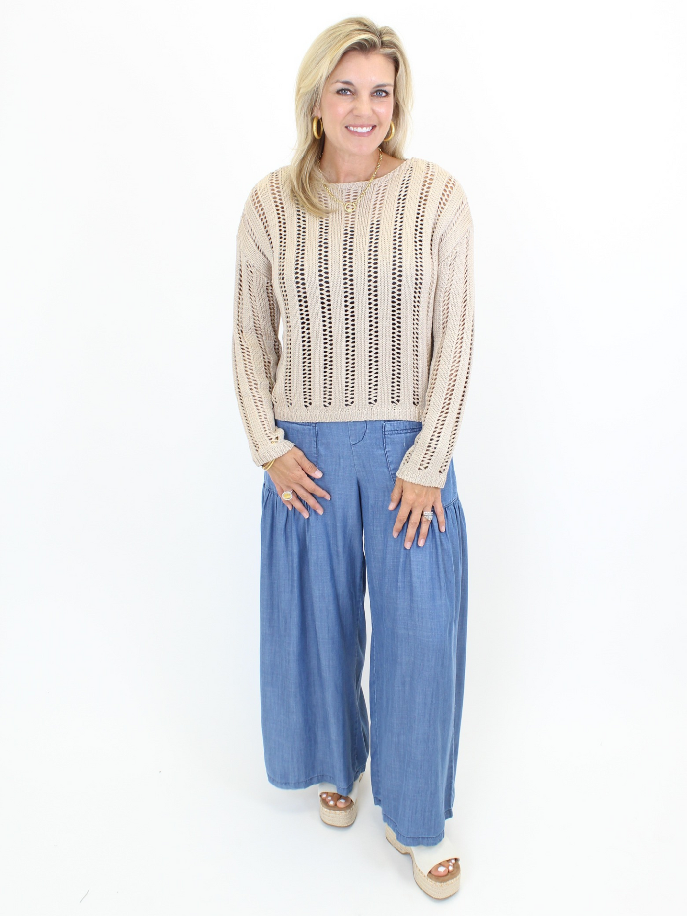 Chambray Palazzo Pants - Blue front view with taupe sweater.