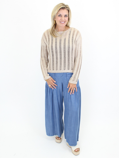 Chambray Palazzo Pants - Blue front view with taupe sweater.