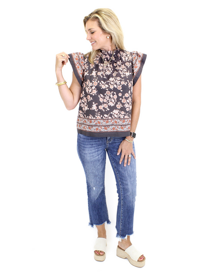 PinchRuffle Neck Floral Top - Brown/Orange sleeve view.