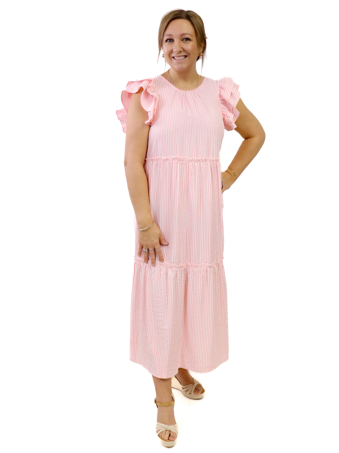 Mud Pie Stripe Bardot Midi Dress - Pink front view.