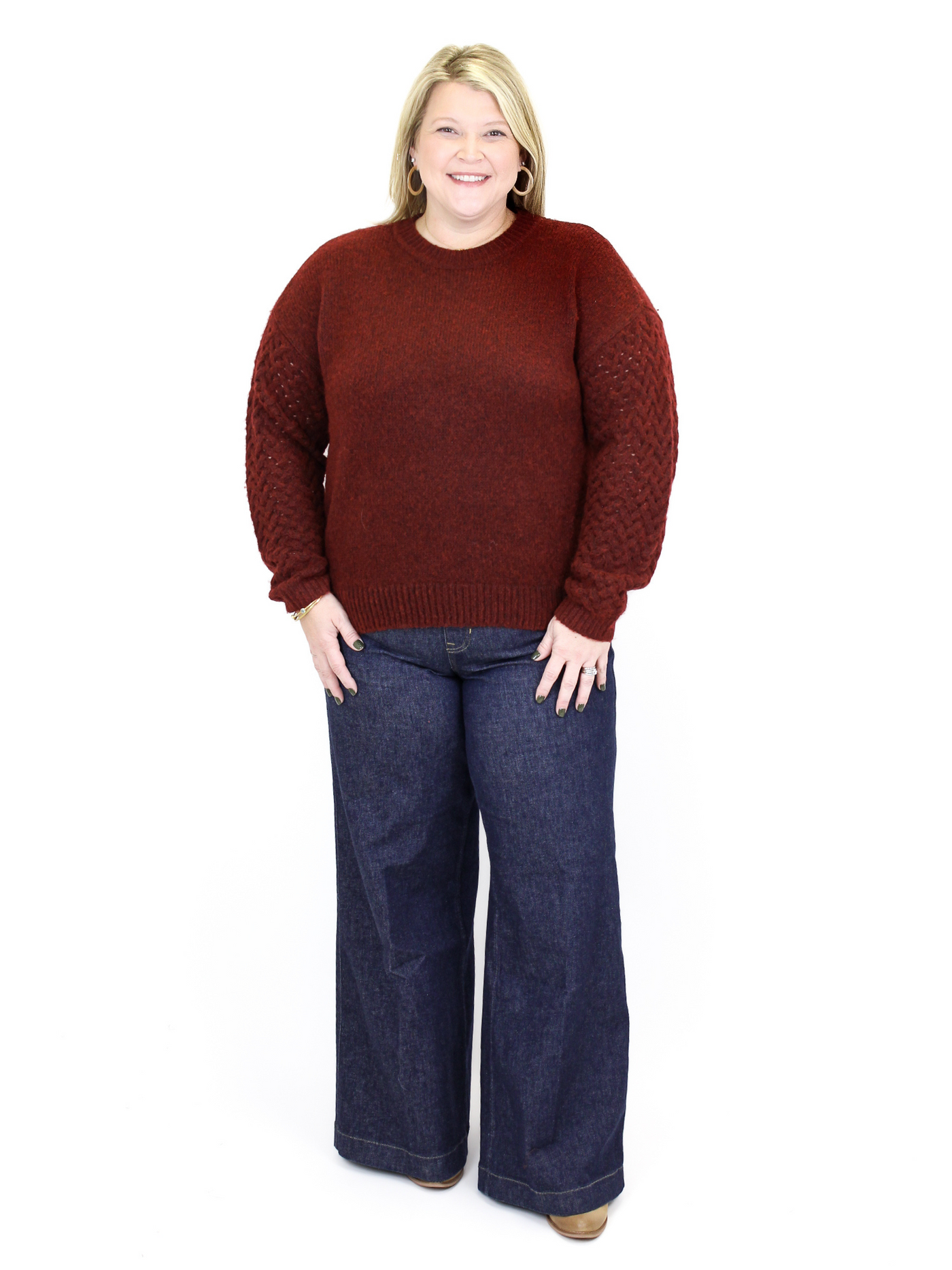 Charlie B Fishnet Sleeve Plush Sweater - Cabernet front view with Spanx Wide Leg Jeans.