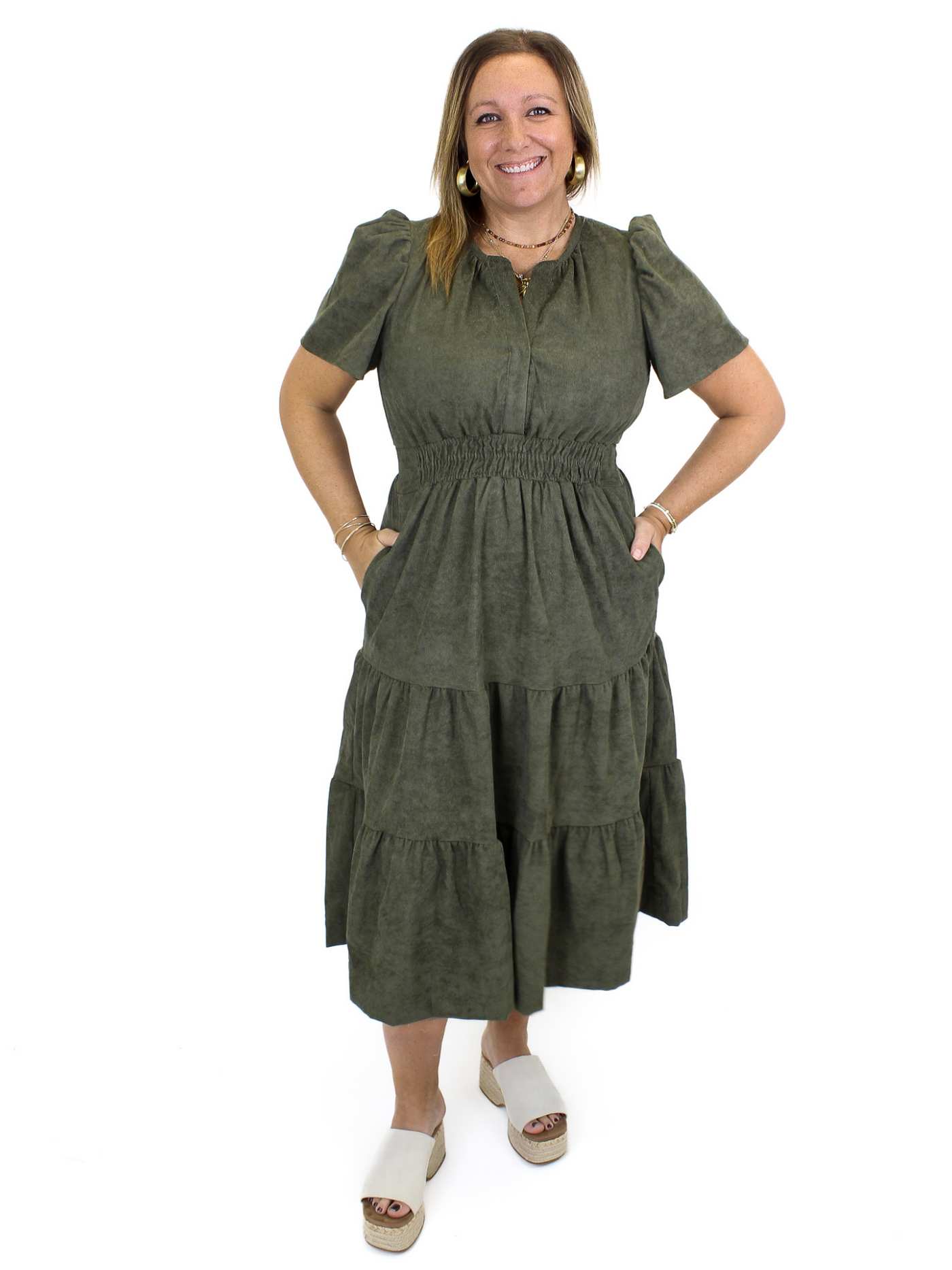 THML Corduroy Tiered Dress - Sage Green front view.