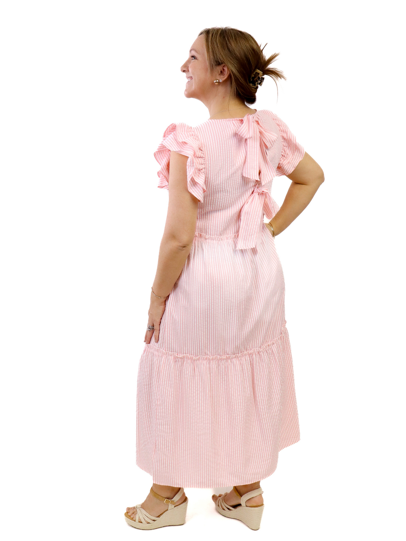 Mud Pie Stripe Bardot Midi Dress - Pink back view.