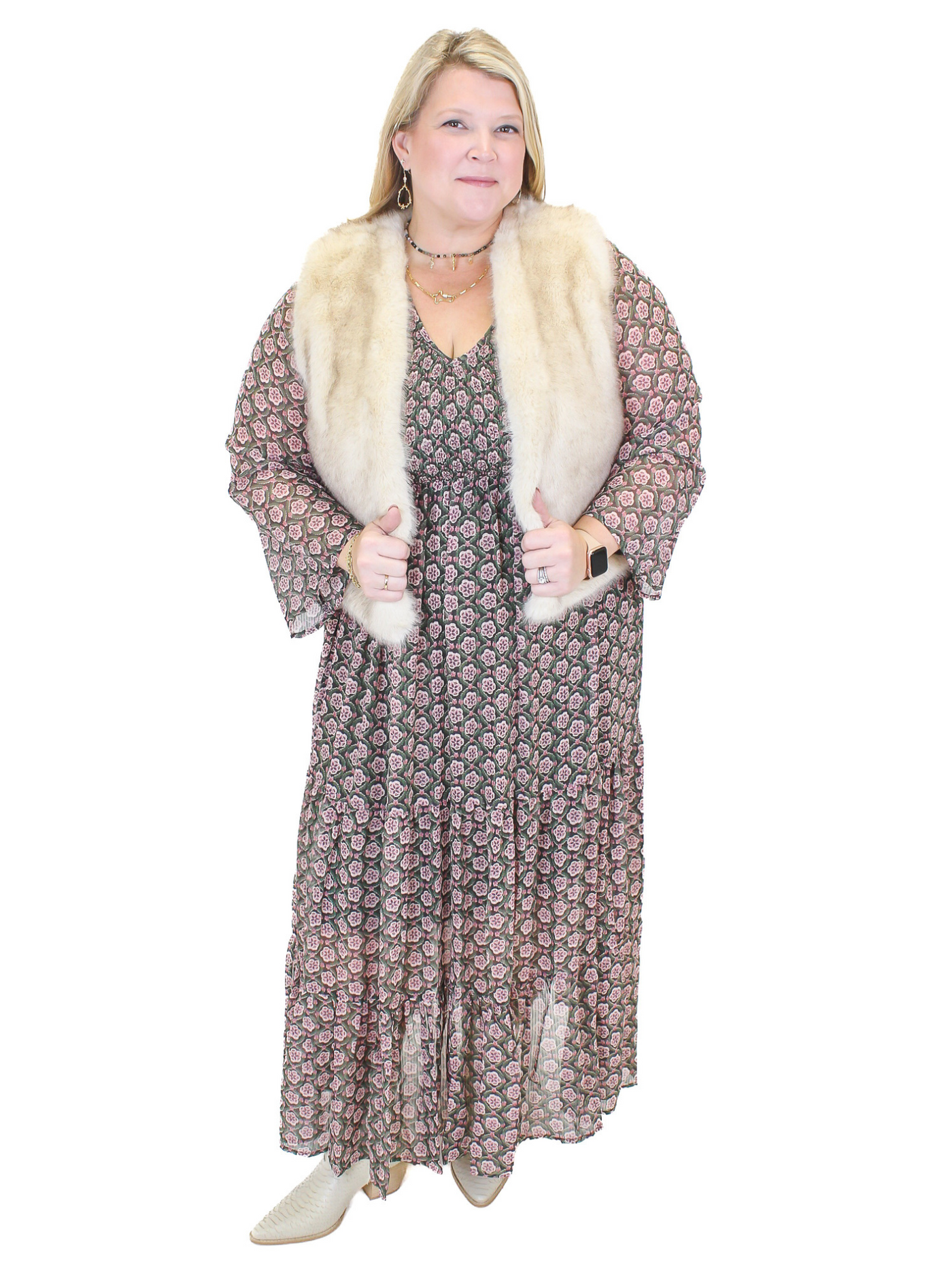 Molly Bracken Lizzie Smocked Maxi Dress with Fur Vest.