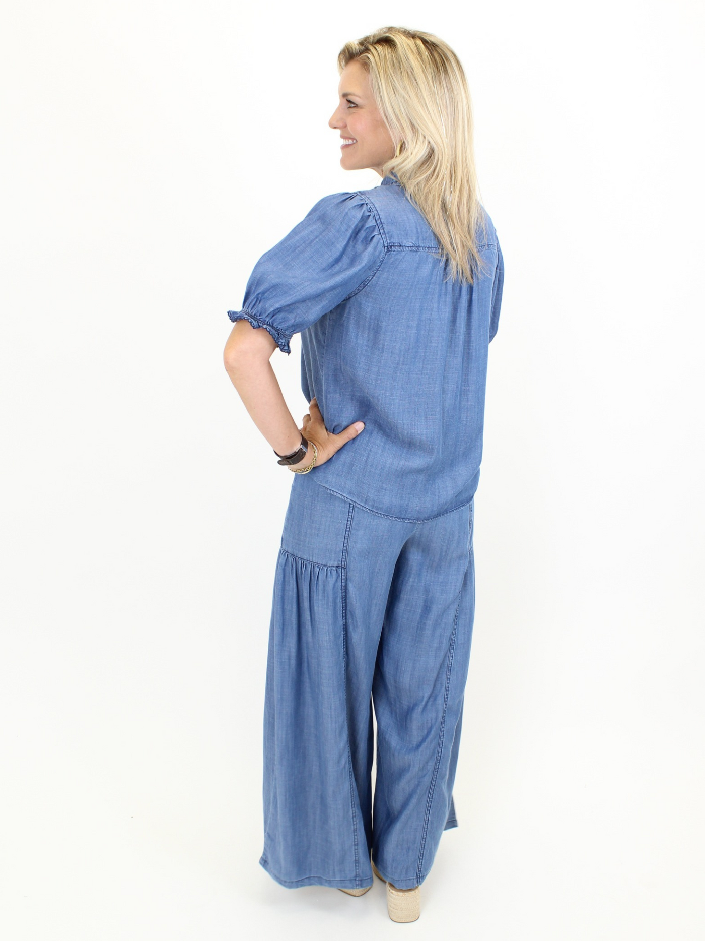 Chambray Palazzo Pants - Blue back view.