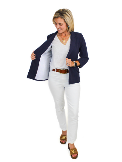 Linen 3/4 Sleeve Blazer - Navy inside liner view.