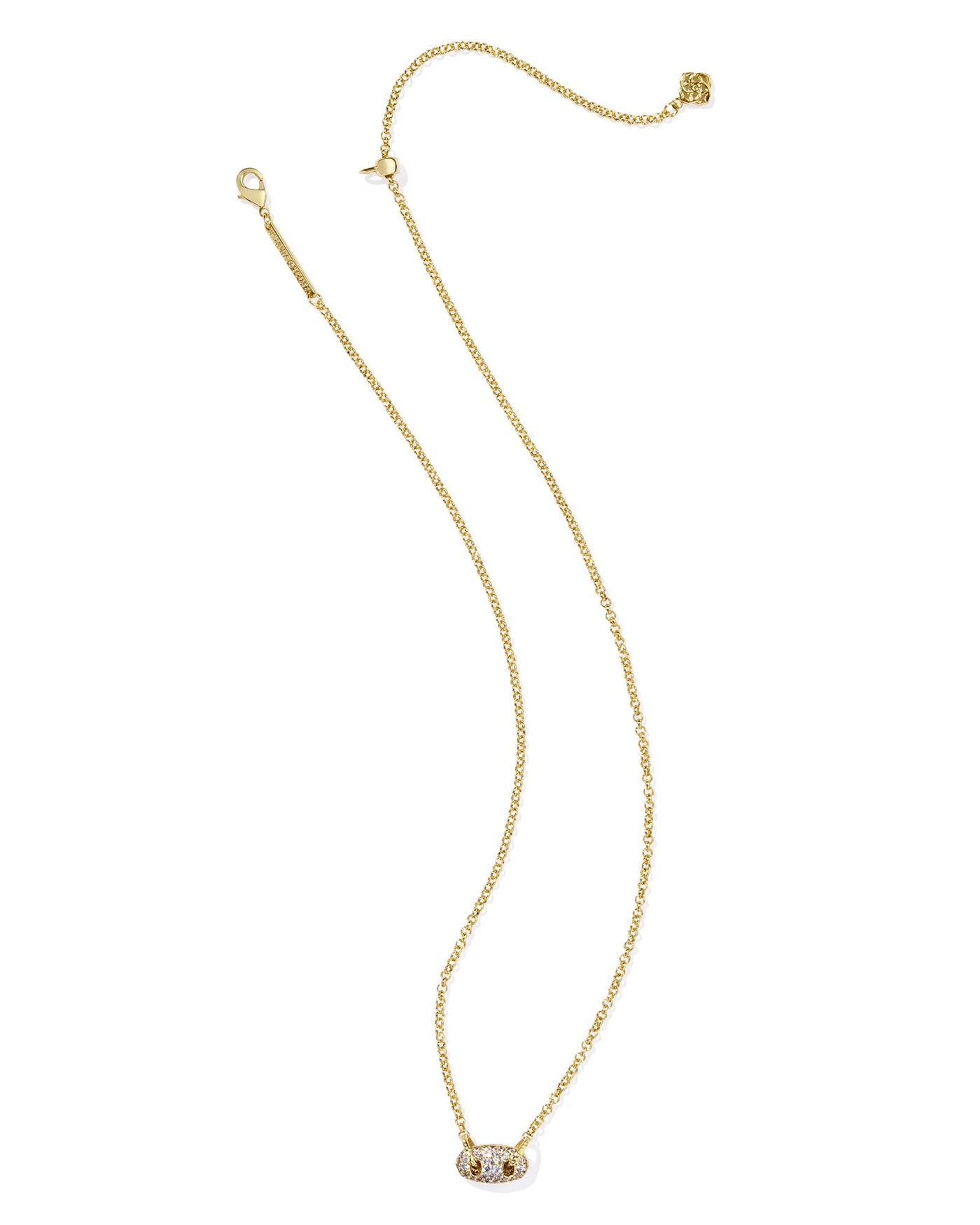 Gold necklace with white crystal pave oval pendant, full view.