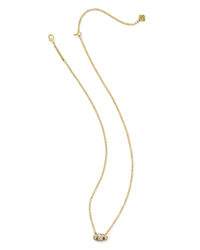 Gold necklace with white crystal pave oval pendant, full view.