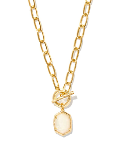 Closeup of Daphne Chain Link Necklace in gold ivory mother of pearl.