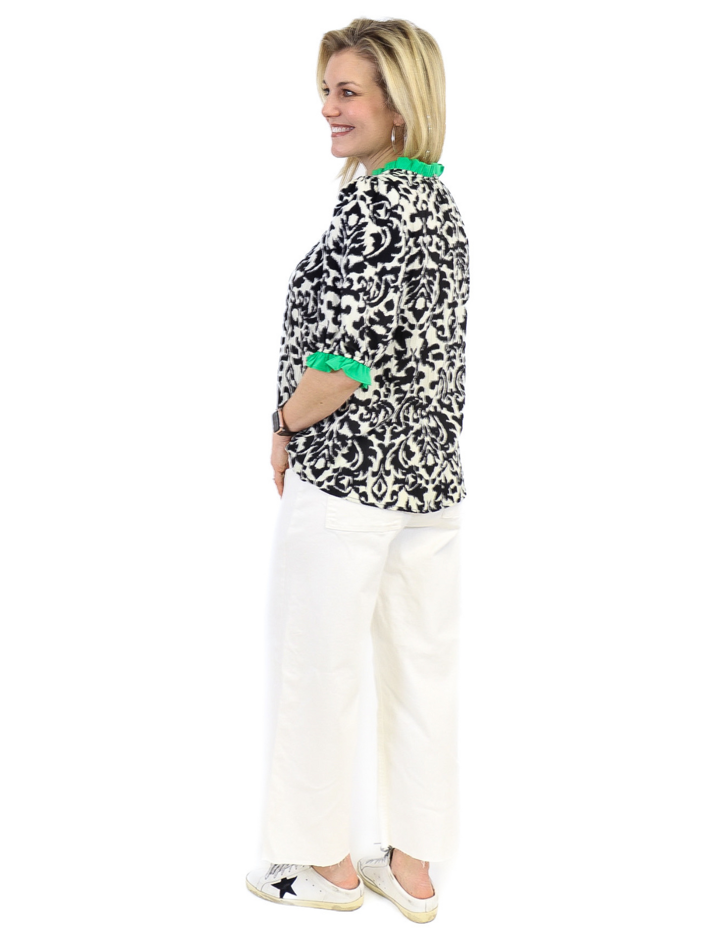 Ruffle Sleeve Blouse - Black/White/Green