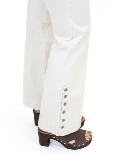 Charlie B Flared Leg Button Side Pants - Natural button view.