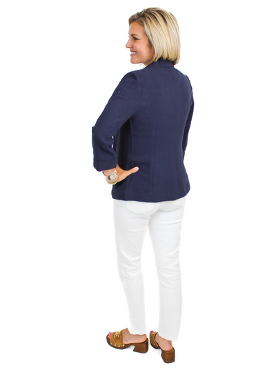 Linen 3/4 Sleeve Blazer - Navy back view.