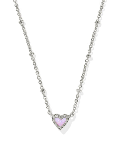 Silver satellite necklace with pink kyocera opal heart pendant, closeup.