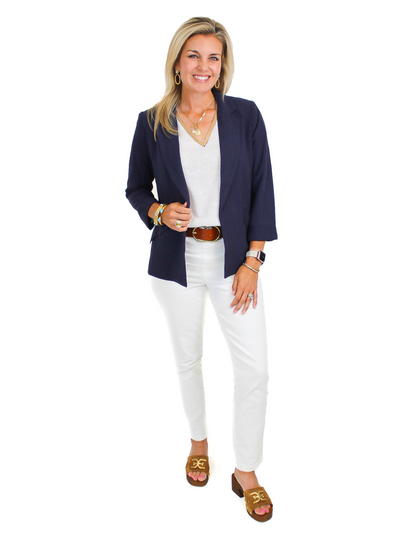 Linen 3/4 Sleeve Blazer - Navy front view with white spanx.