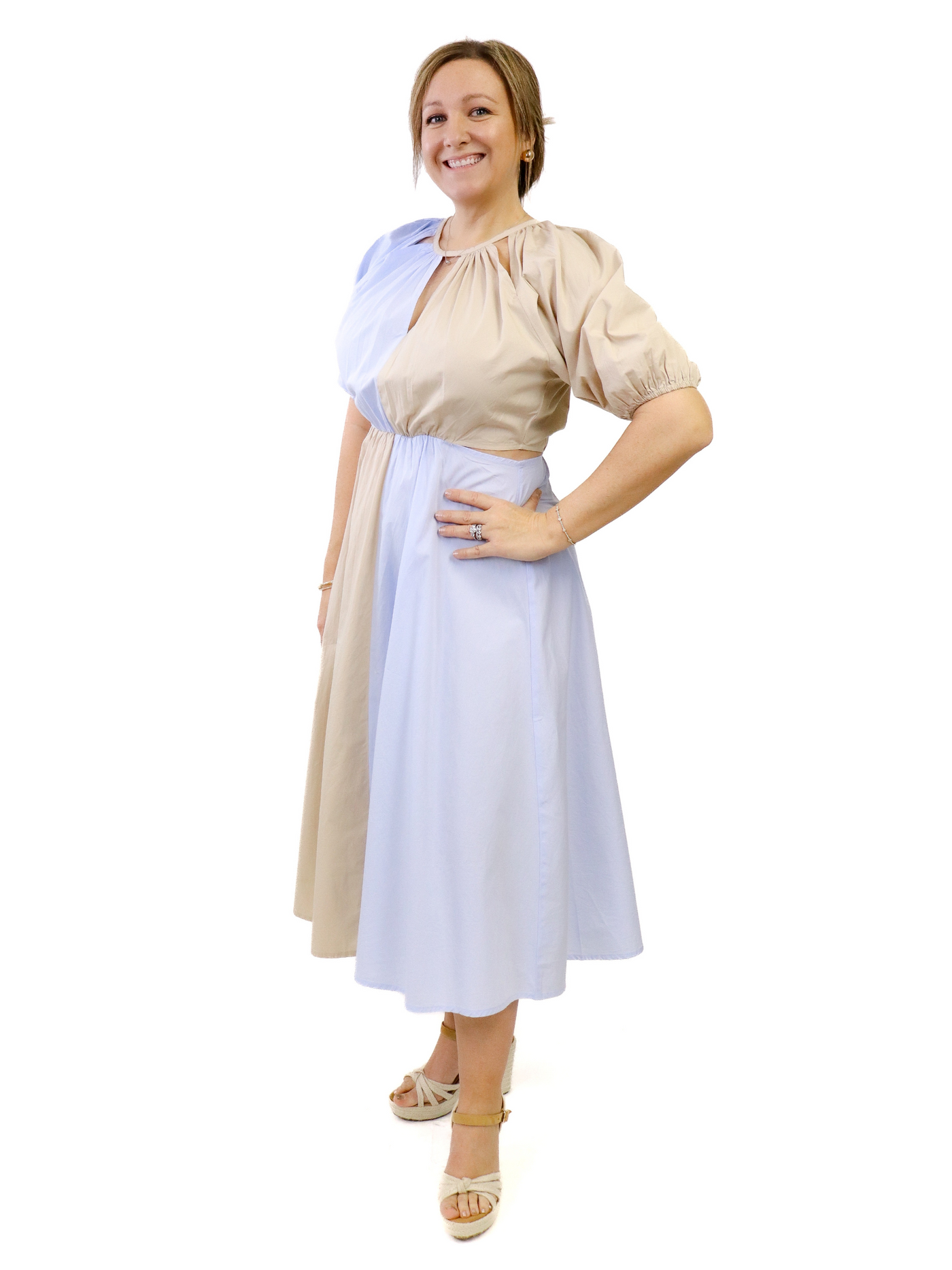 Mud Pie Hutton Midi Dress - Tan/Blue front view.