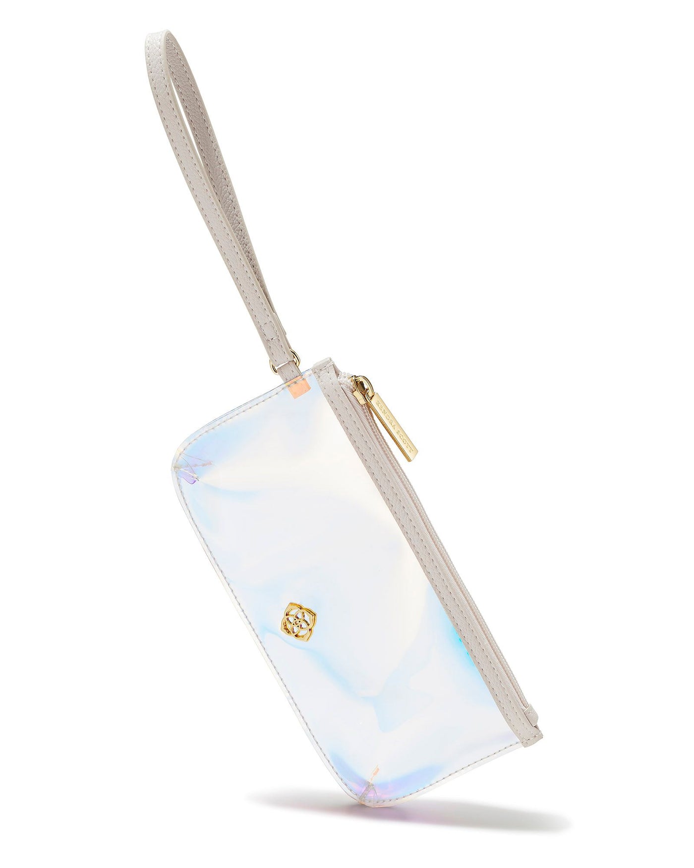 Kendra Scott Clear Iridescent Wristlet on white background.