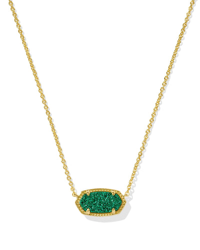 Gold necklace with emerald drusy pendant, closeup front view.