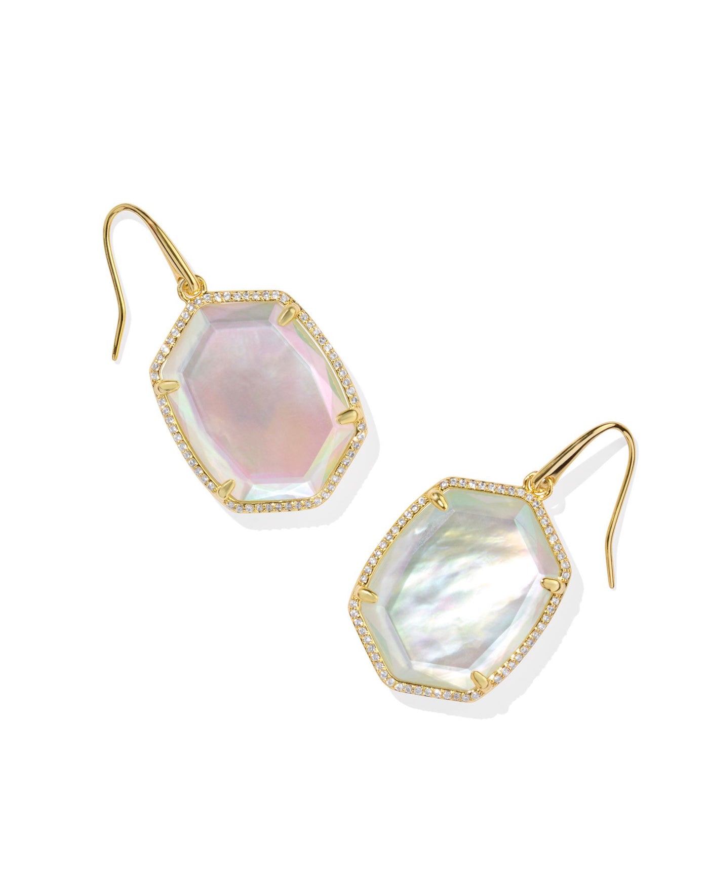 Gold earrings with pave framed iridescent ivory mother of pearl hexagon pendant, front view.