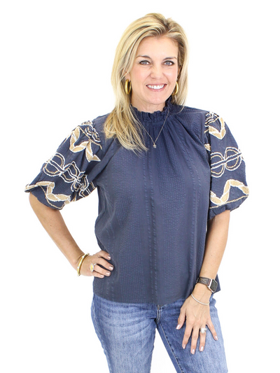 THML Hand Embroidered Sleeve Top - Navy front