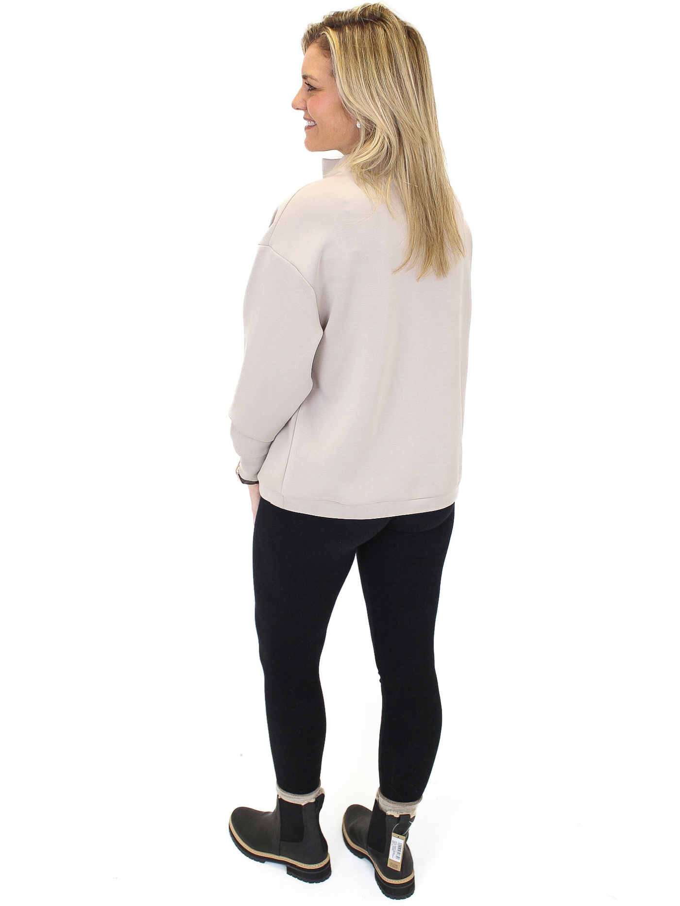 Mock Neck Drawstring Sweatshirt - Taupe back view.