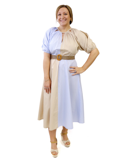 Mud Pie Hutton Midi Dress - Tan/Blue with woven belt.