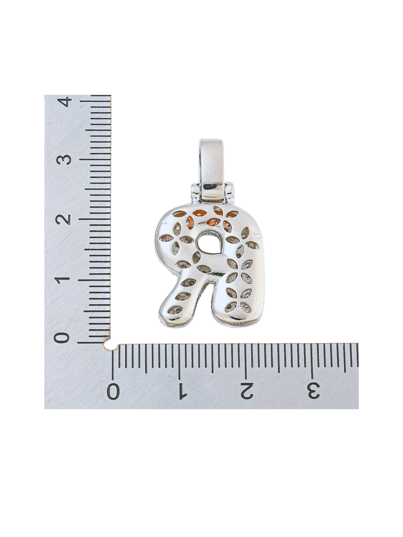 Back of the Silver Rhinestone Bubble Letter "R" Charm with a ruler