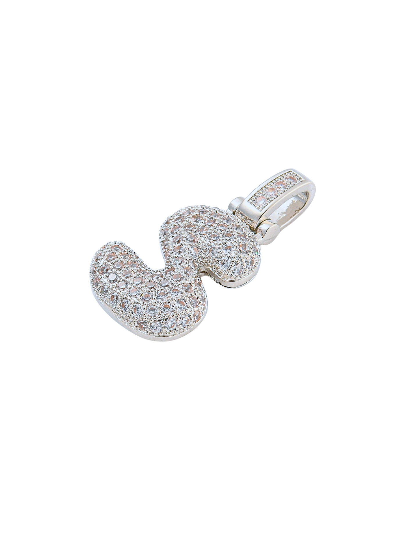 Side view of the Silver Rhinestone Bubble Letter "S" Charm