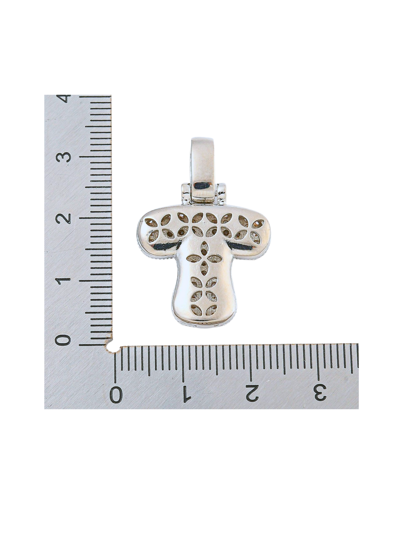 Back of the Silver Rhinestone Bubble Letter "T" Charm with a ruler