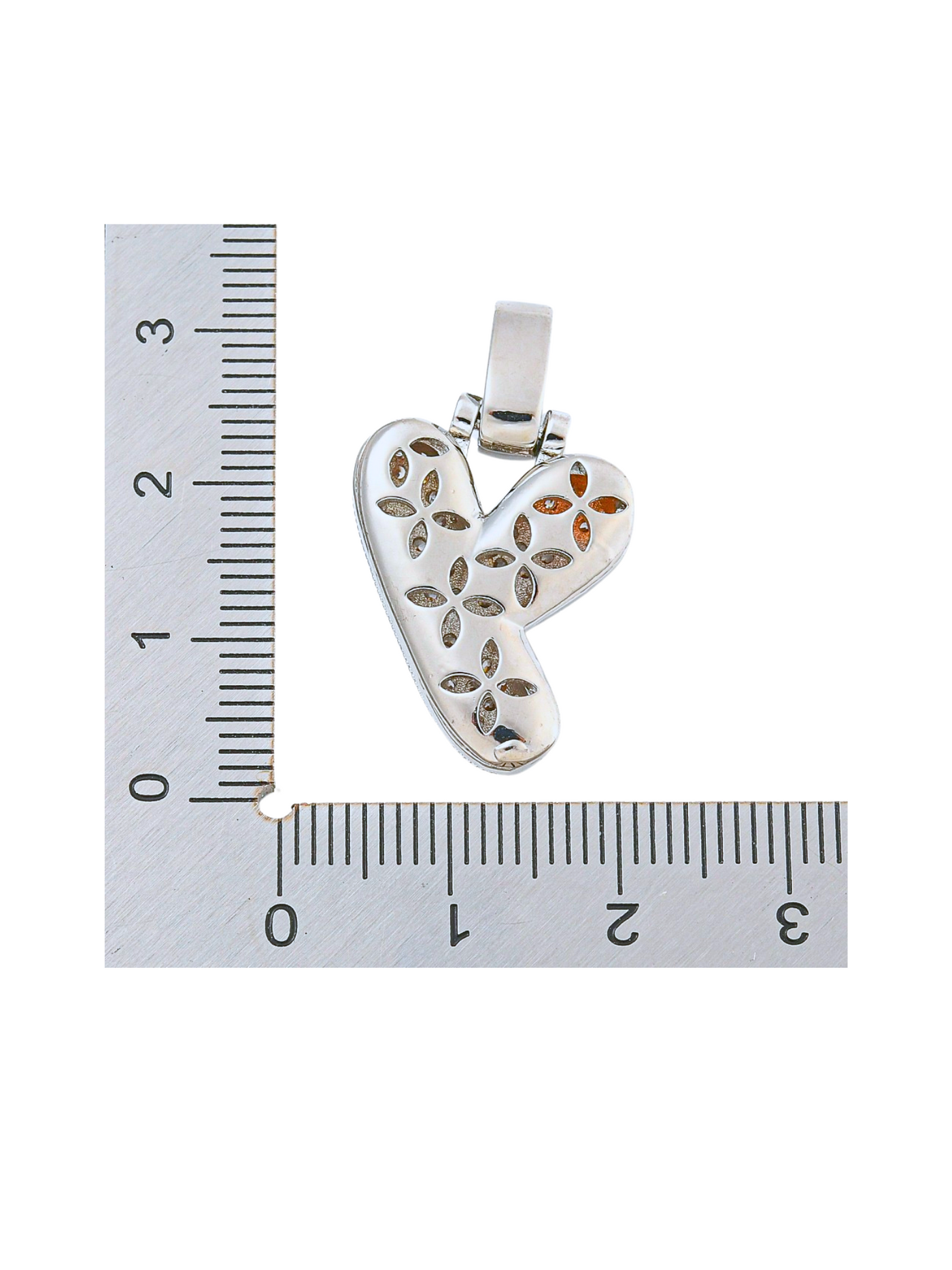 Back of the Silver Rhinestone Bubble Letter "Y" Charm with a ruler