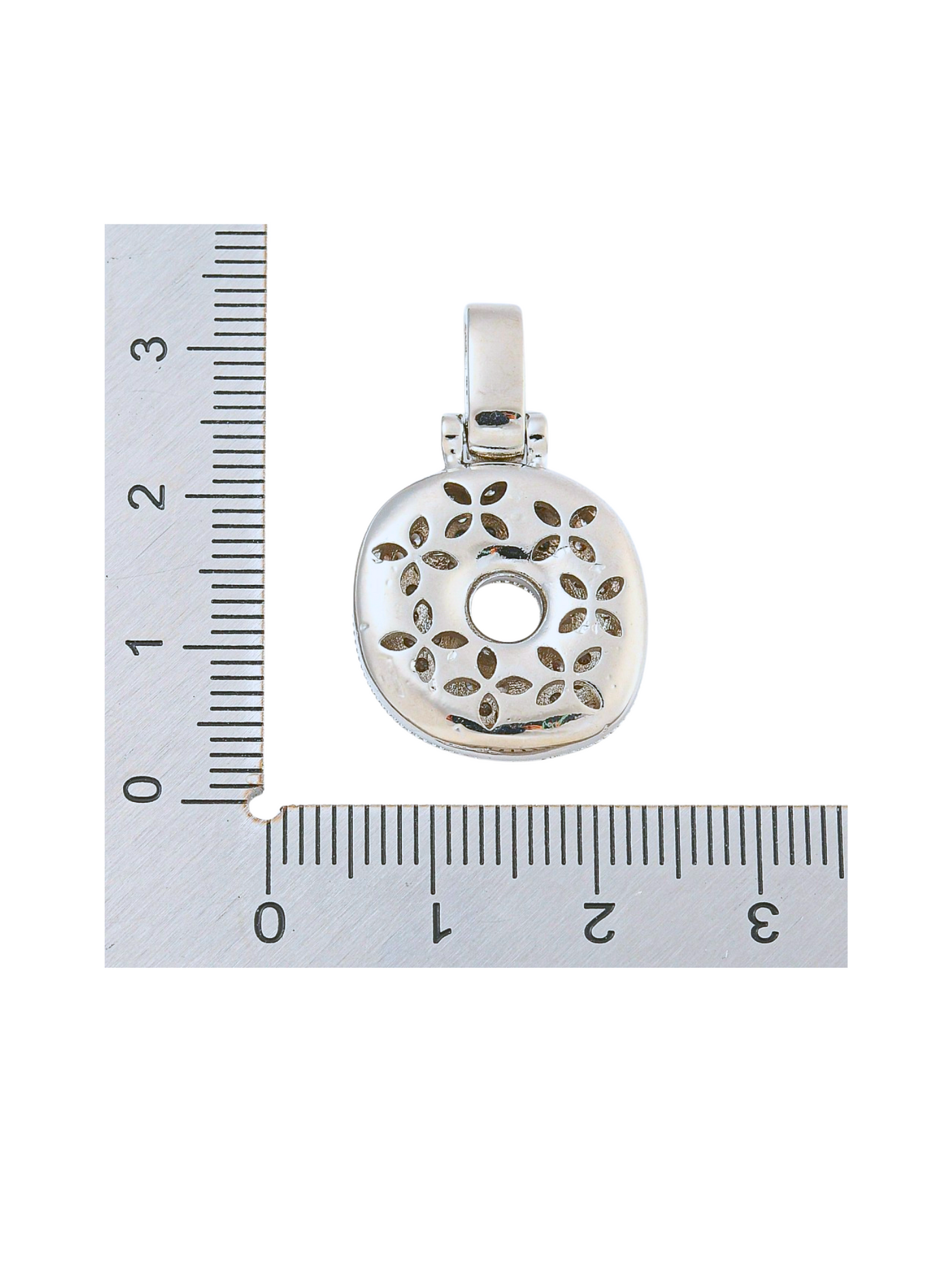 Back view of the Silver Rhinestone Bubble Letter "O" Charm with a ruler