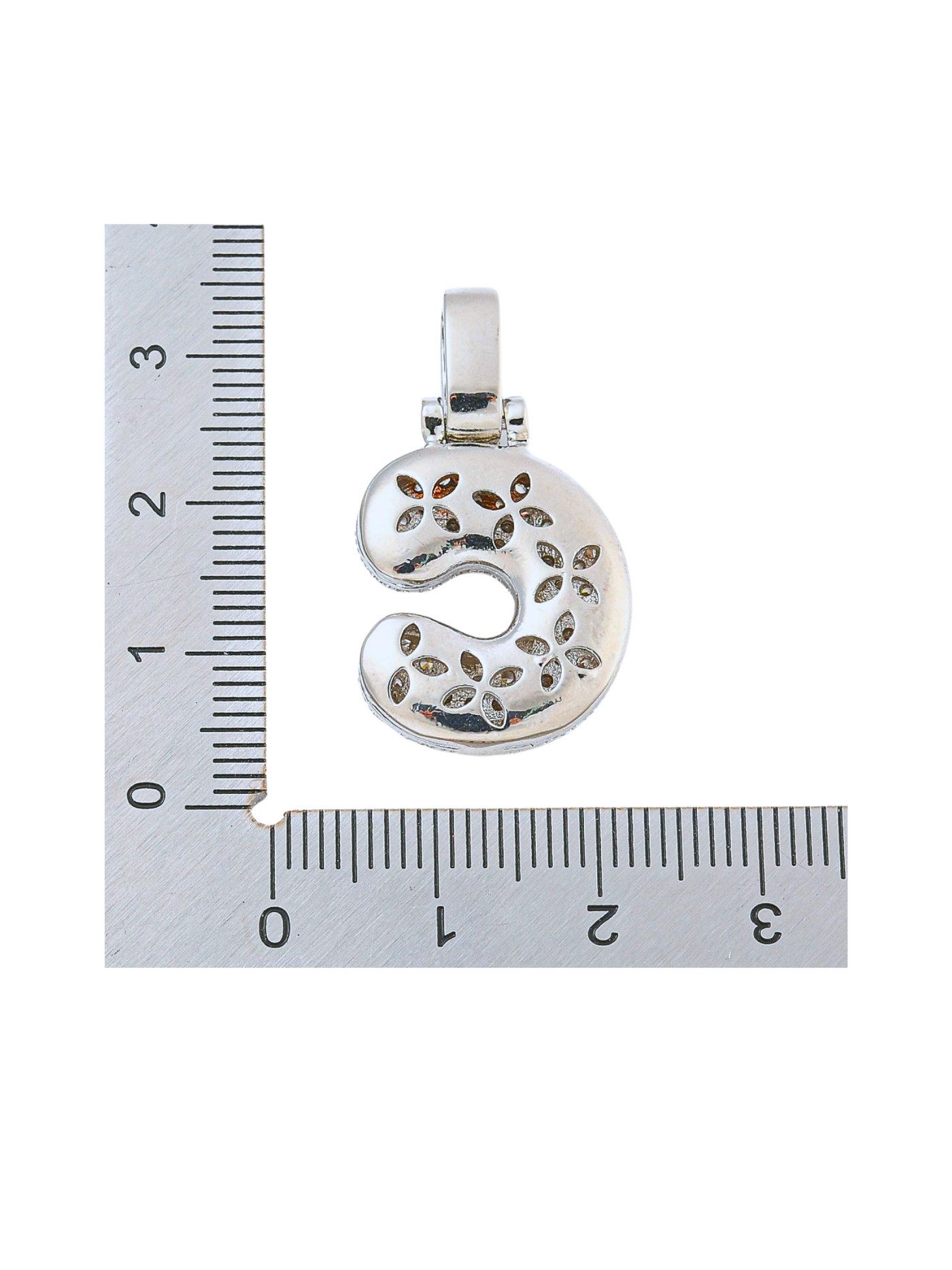 Back view of the Silver Rhinestone Bubble Letter "C" Charm with a ruler