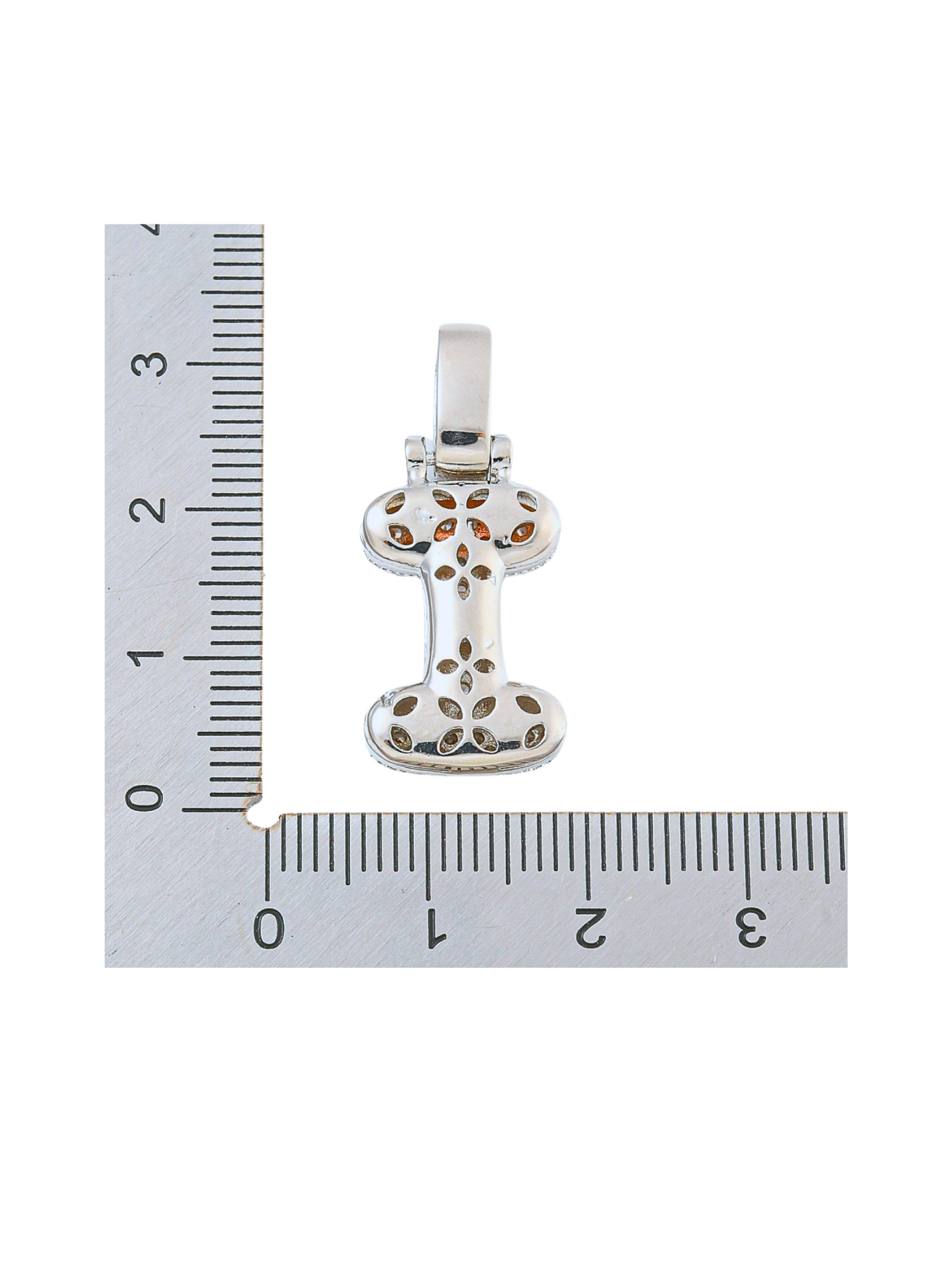 Back view of the Silver Rhinestone Bubble Letter "I" Charm with a ruler