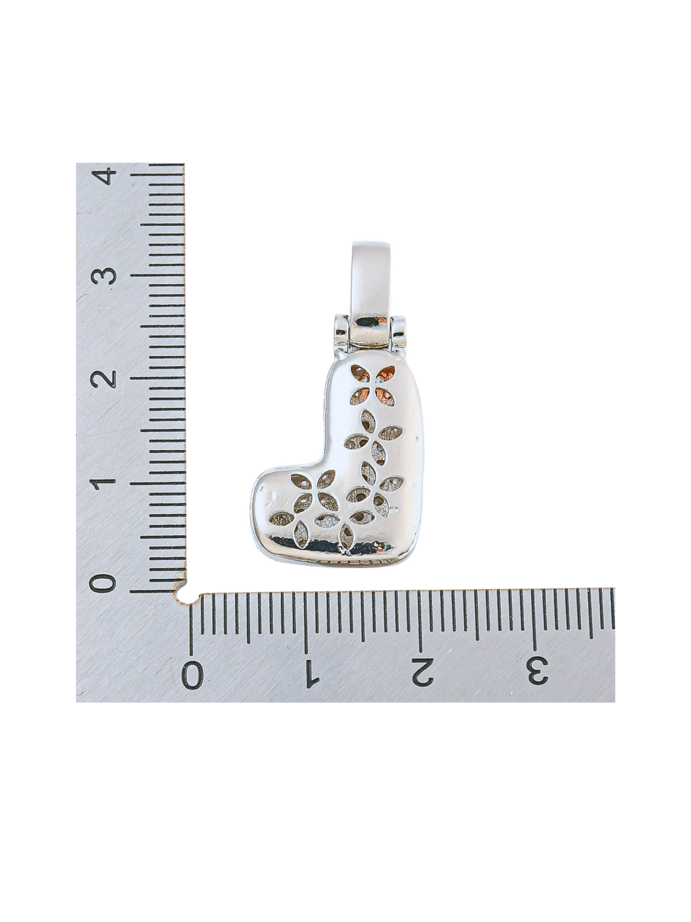 Back view of the Silver Rhinestone Bubble Letter "L" Charm and a ruler