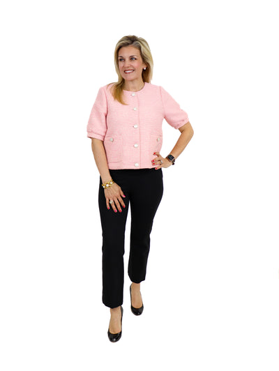 Jade Madeline Tweed Jacket - Pink front view with black spanx.