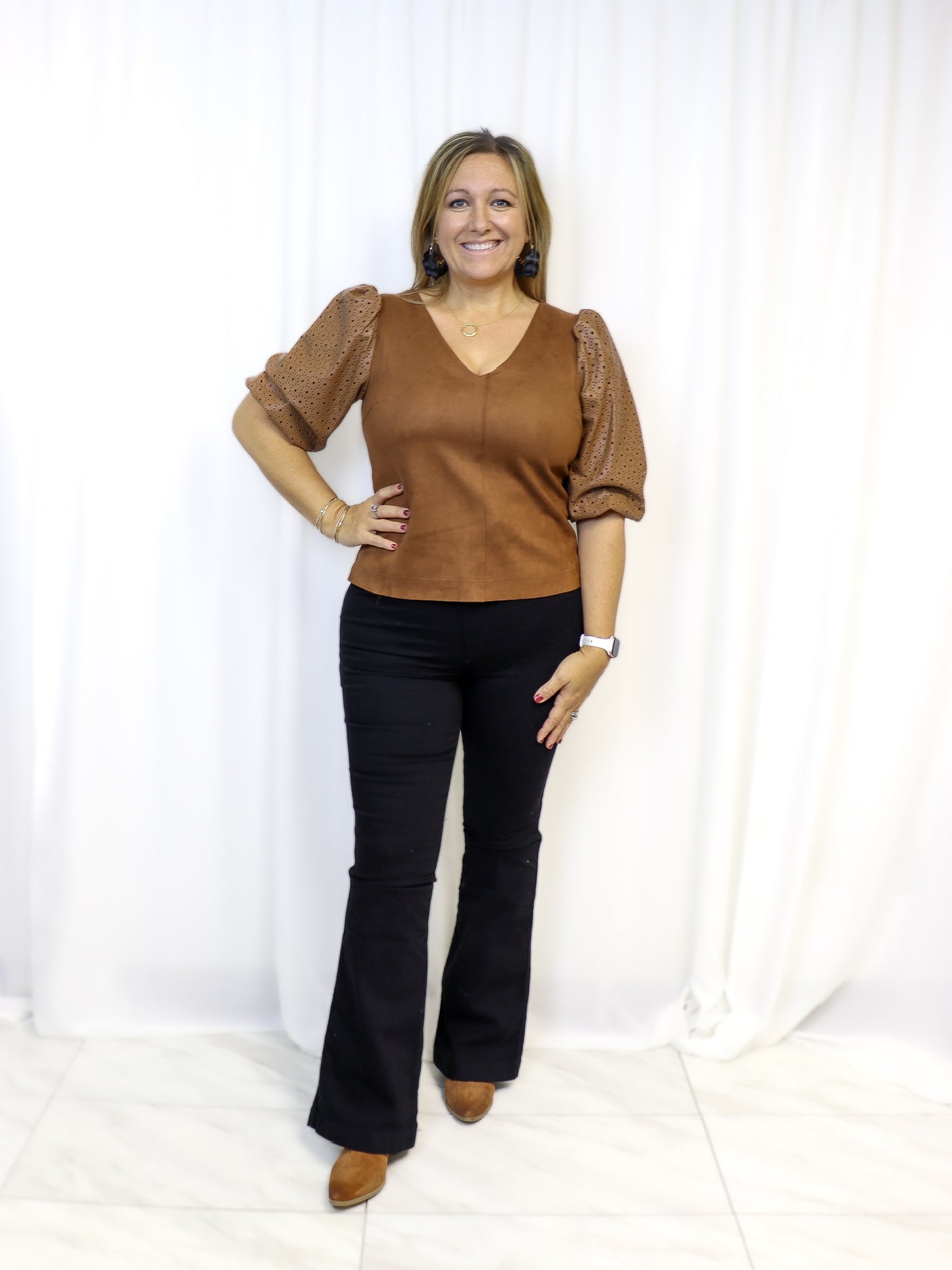 Eyelet Sleeve Vegan Suede Top - Tan