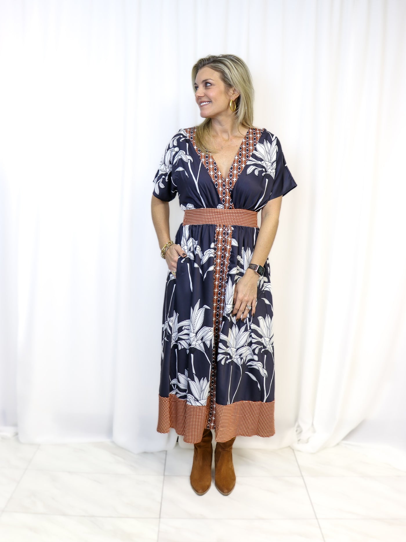 Floral Mixed Print Dress - Navy